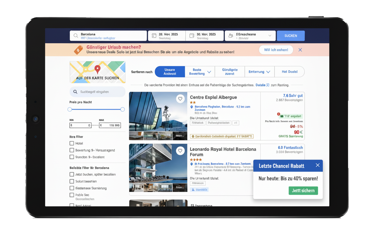 Screenshot einer unübersichtlichen Reise-Website mit viel Werbung.